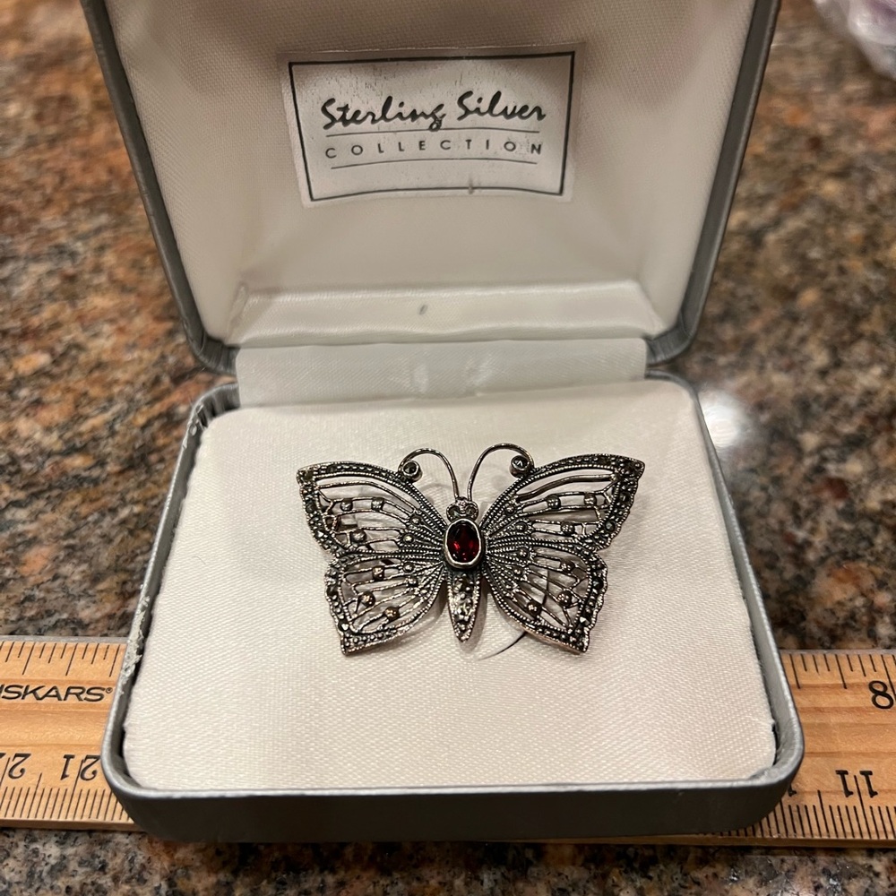 Sterling Silver 925 Butterfly Brooch with Red Gem